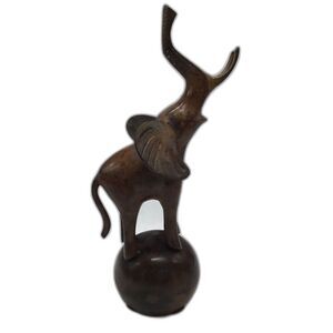 Metal Elephant On Ball Sculpture Figure Raised Trunk African Minimalist Lucky